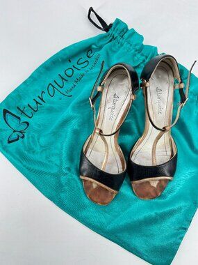Turquoise Leather Tango Shoes Black/Gold Size 7-7.5 Heels 3.5"
